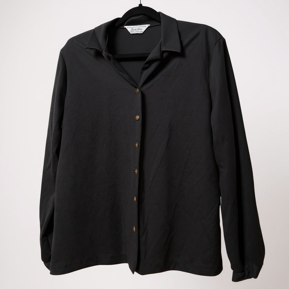 Vintage Lady Blair Black Long Sleeve Collared‎ Button Up Shirt Top Women's